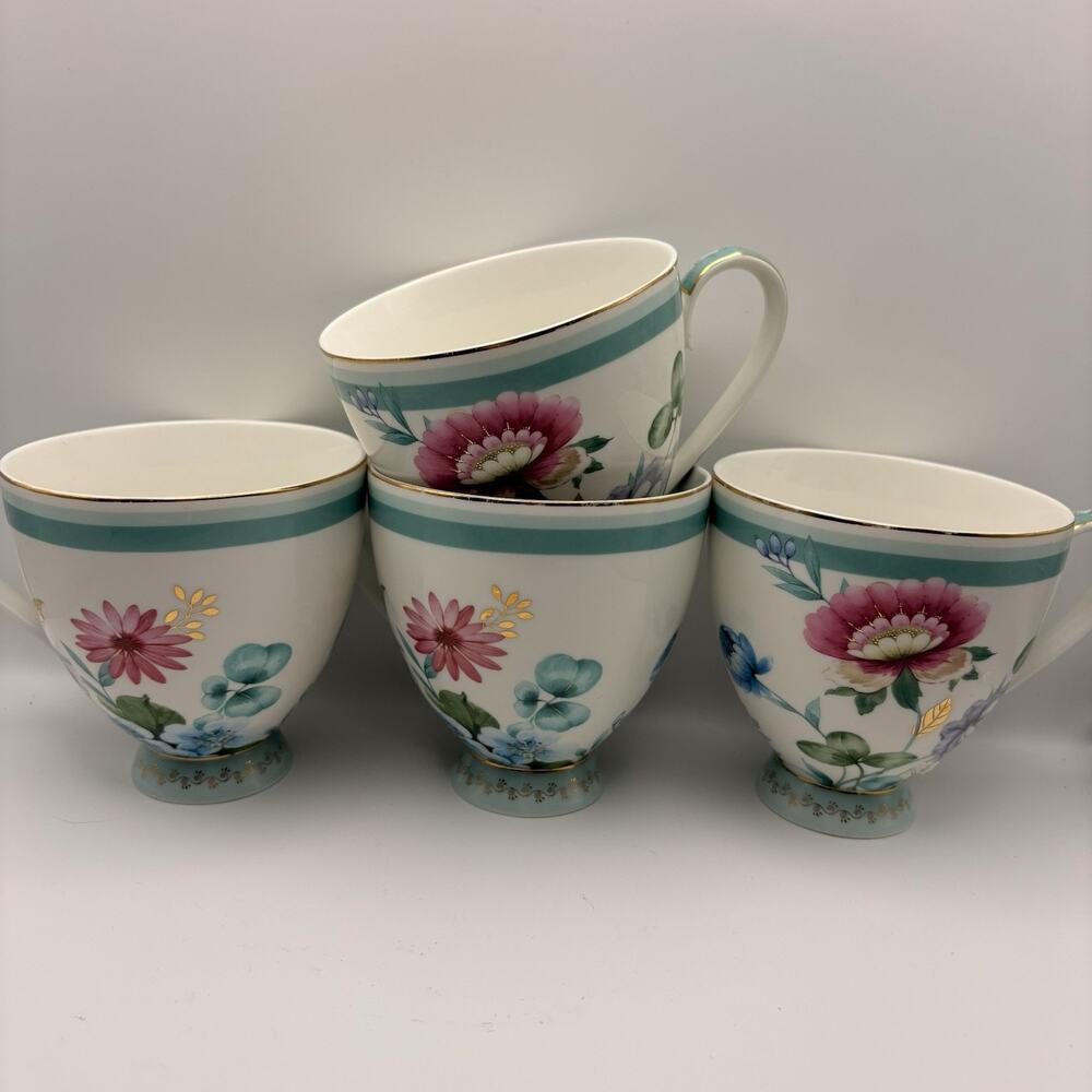 Grace Teaware Set Of 4 Teacups Pink Green Flowers Floral Gold Trim Dainty Handle